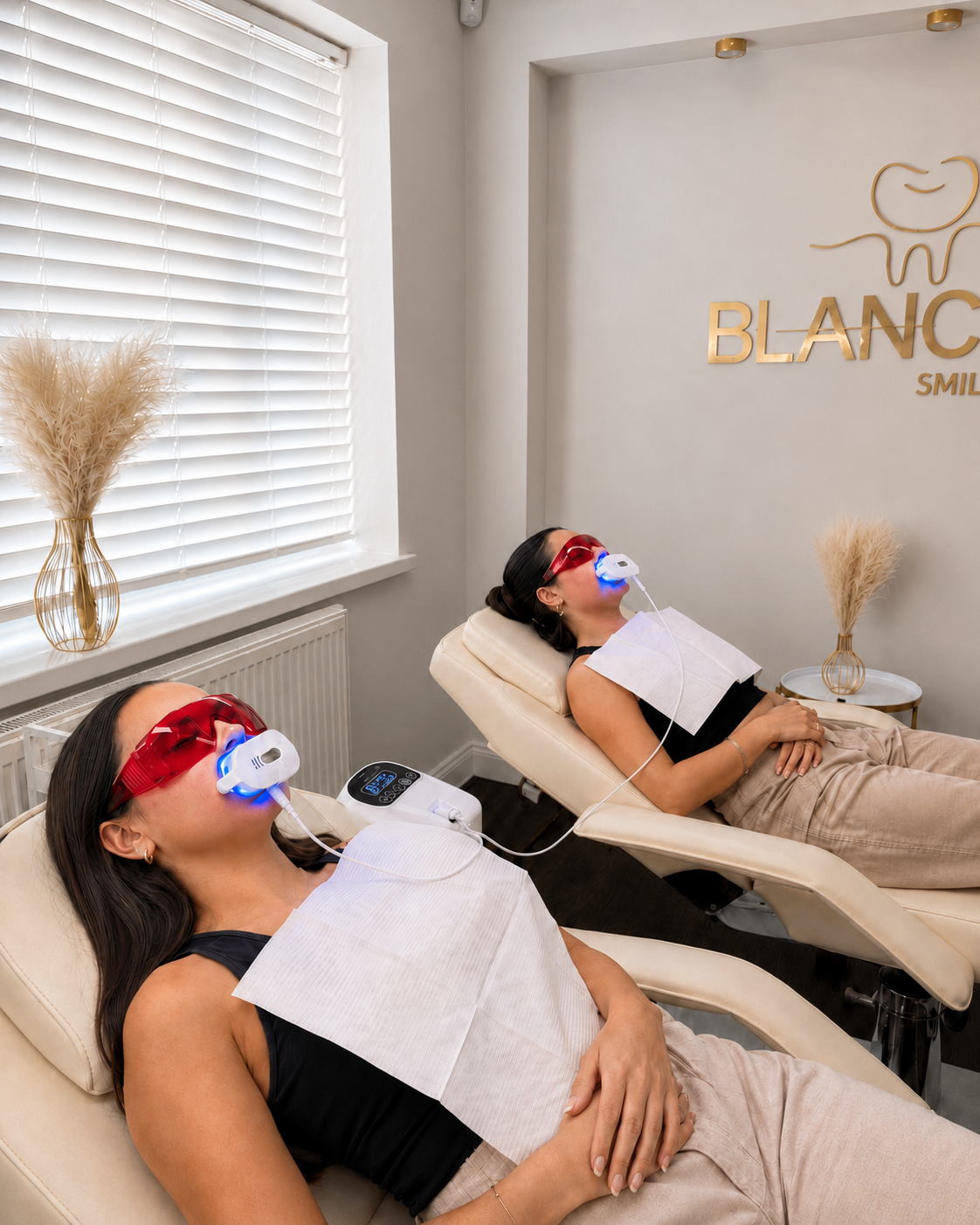Two clients enjoying a duo teeth whitening session side by side at Blanc Smile